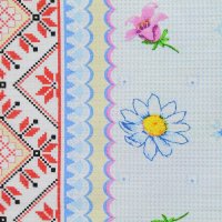 Вафельная  150 см хлопок 100%, 175 г/м&sup2; белый, красный  узор, ромашки на голубом