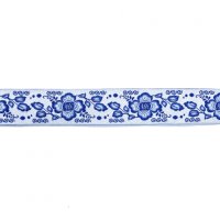 Лента жаккардовая  2.2 см полиэстр 100% синий  цветок-орнамент на белом