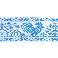 Лента жаккардовая  "9360" 5 см полиэстр 100% голубой  орнамент, петух, домики на белом