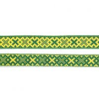 Лента жаккардовая  "9502" 1.8 см полиэфир 100% жёлтый  крестики на зелёном