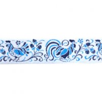 Лента жаккардовая  "7224" 3.2 см полиэфир 100% голубой, чёрный  петух на белом