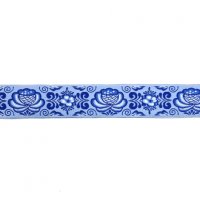 Лента жаккардовая  2.2 см полиэстр 100% синий  цветок-орнамент на голубом