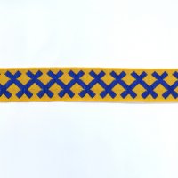 Лента жаккардовая  "7053" 2.4 см полиэфир 100% синий  орнамент на жёлтом