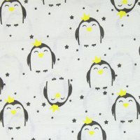 Бязь  150 см хлопок 100%, 125 г/м² чёрный, жёлтый  пингвин, новый год на белом