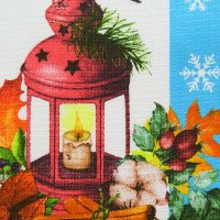 Вафельная  "новогодняя сказка" 50 см хлопок 100%, 176 г/м&sup2; красный, зелёный  снегири, пуансеттия, новый год на голубом