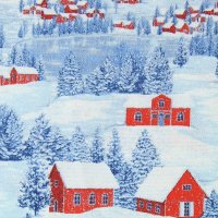 Рогожка  150 см хлопок 100%, 190 г/м² красный, белый  домики, снег, новый год на синем