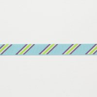 Лента репсовая с рисунком 1.2 см полиэстр 100% фиолетовый, белый, светло-зелёный  полосы на голубом