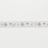 Лента атласная с рисунком 1.2 см полиэстр 100% розовый, сиреневый  бабочка, сердечко на свело-серо-голубом