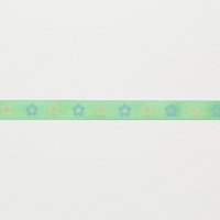 Лента атласная с рисунком 1 см полиэстр 100% белый, голубой  цветочек на зелёном