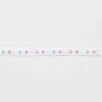 Лента атласная с рисунком 0.6 см полиэстр 100% белый, голубой, розовый  горошек на белом