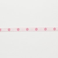 Лента атласная с рисунком 0.6 см полиэстр 100% тёмно-розовый, белый  цветочек на розовом