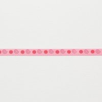 Лента атласная с рисунком 0.6 см полиэстр 100% красный  горошек, завитки на розовом