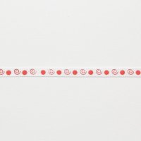 Лента атласная с рисунком 0.6 см полиэстр 100% красный  горошек, завитки на белом