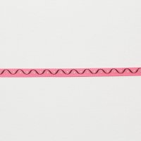 Лента атласная с рисунком 0.6 см полиэстр 100% чёрный  горошек, полоска - волна на тёмно-розовом