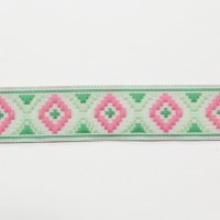 Лента жаккардовая  2.5 см полиэстр 100% зелёный, розовый  орнамент на белом
