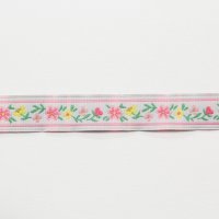 Лента жаккардовая  1.6 см полиэстр 100% розовый, зелёный  цветочек на белом