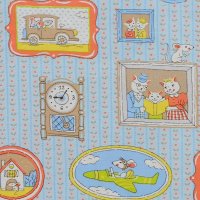 Перкаль  150 см хлопок 100%, 115 г/м&sup2; зелёный, белый  кошка, мышка на голубом
