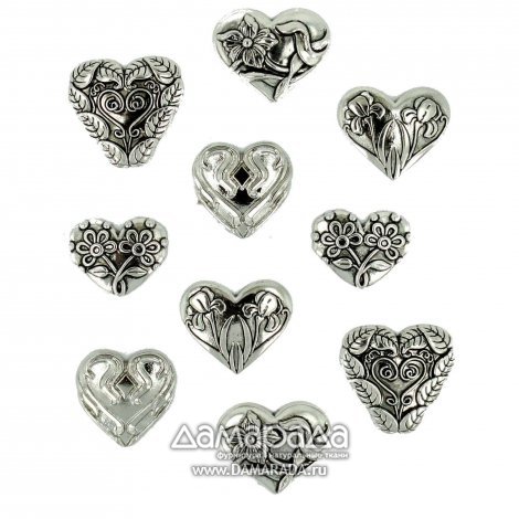Пуговица декоративная серебряные сердца пластик