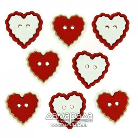 Пуговица декоративная красно-белые сердца 8 шт. пластик