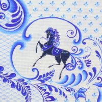 Рогожка  "гжель" 150 см хлопок 100%, 163 г/м² голубой  орнамент, лошадка на белом