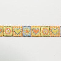 Лента жаккардовая  2 см полиэстр 100% оранжевый, голубой  цветок, сердечко, солнце 