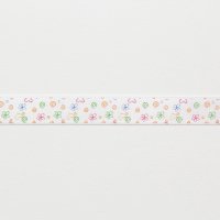Лента атласная с рисунком 1.2 см полиэстр 100% оранжевый, зелёный  цветочек, сердечко, завитки 