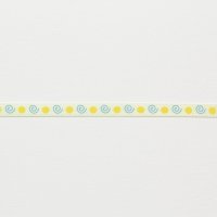 Лента атласная с рисунком 0.6 см полиэстр 100% голубой, жёлтый  горошек, завитки на бледно-жёлтом