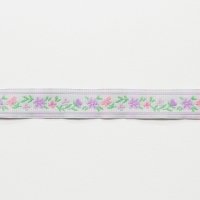 Лента жаккардовая  1.6 см полиэстр 100% сиреневый, зелёный  цветочек на белом
